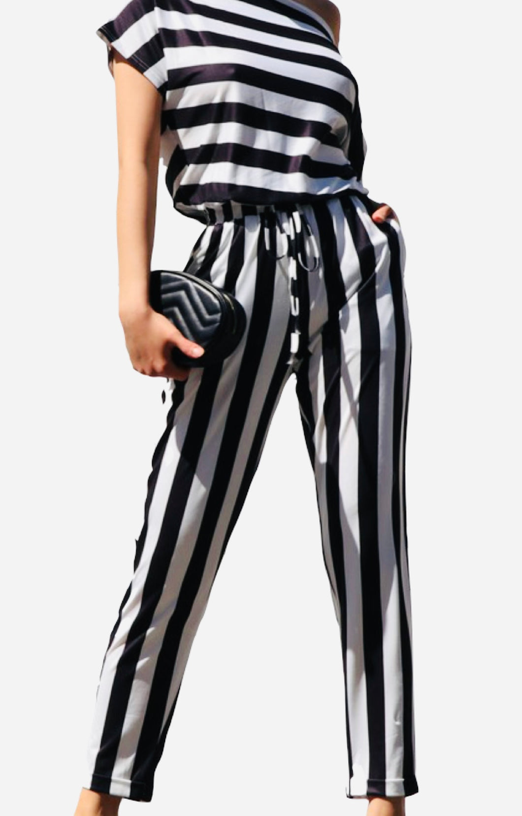 Stripe Printed Knit Off Shoulder Jumpsuit