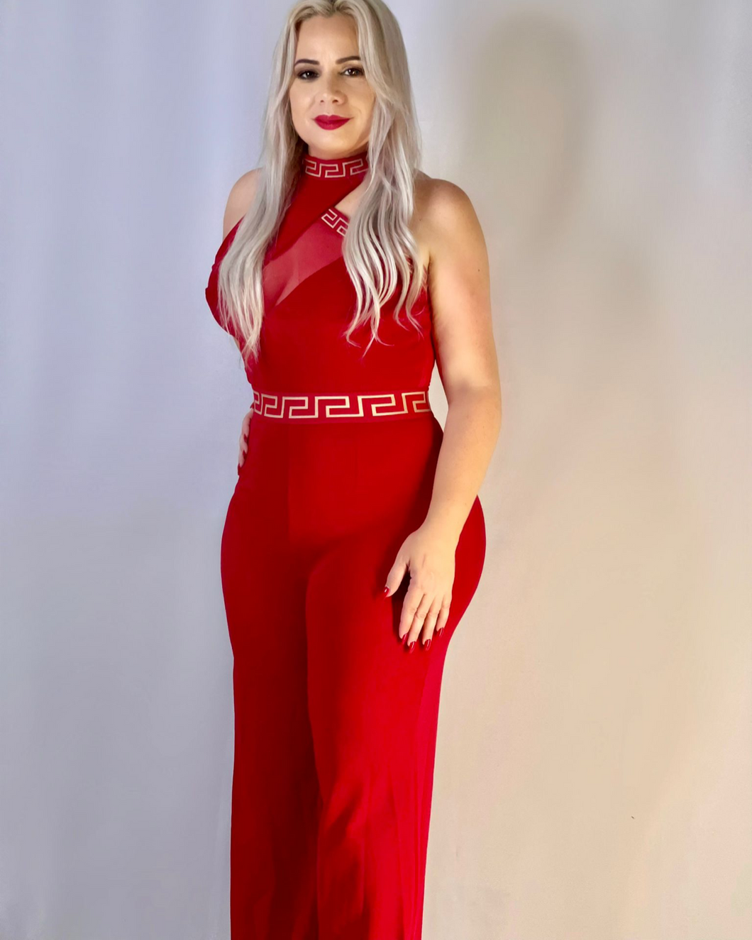 Greek and Mesh Red Jumpsuit