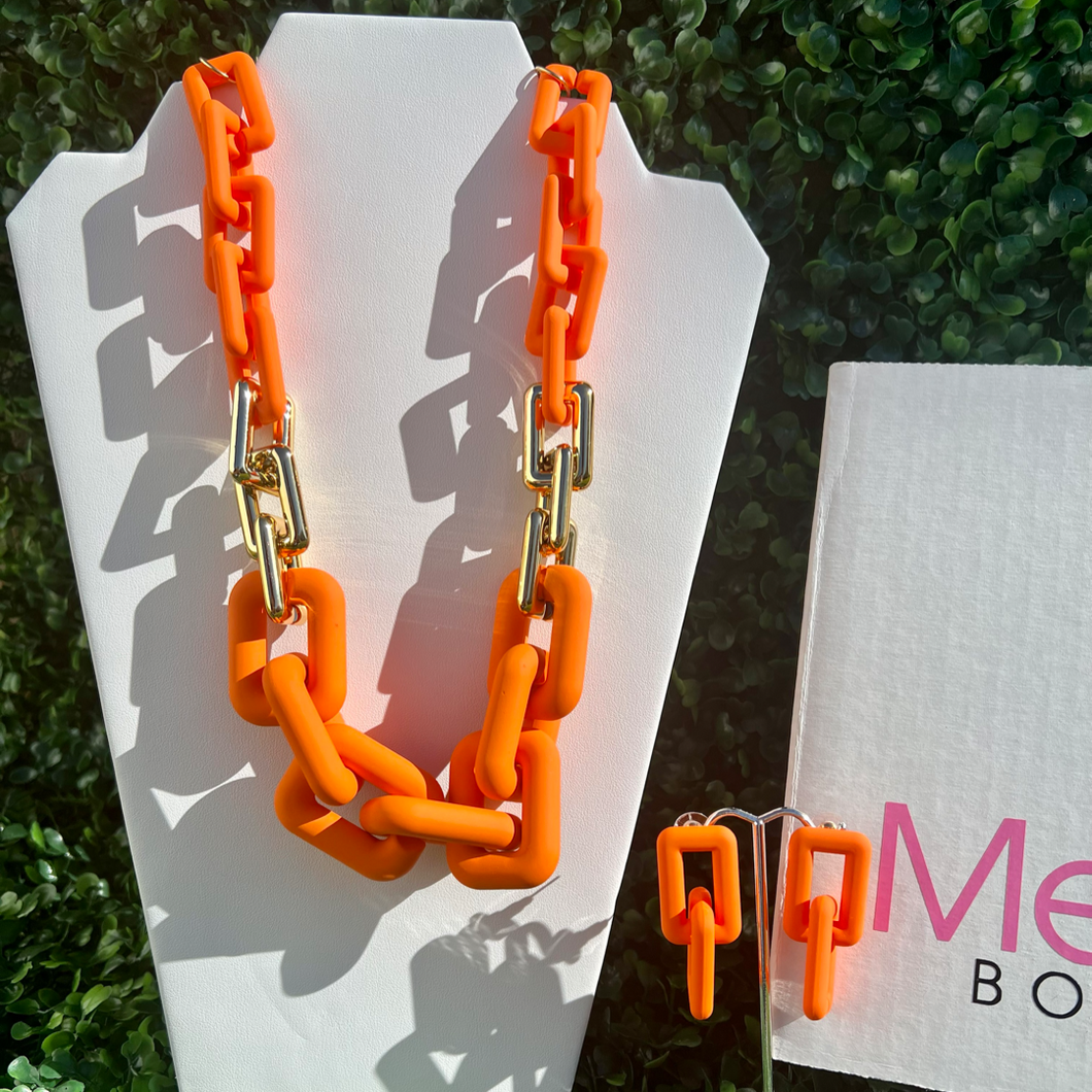 Orange Bold Chain Necklace and Earrings Set