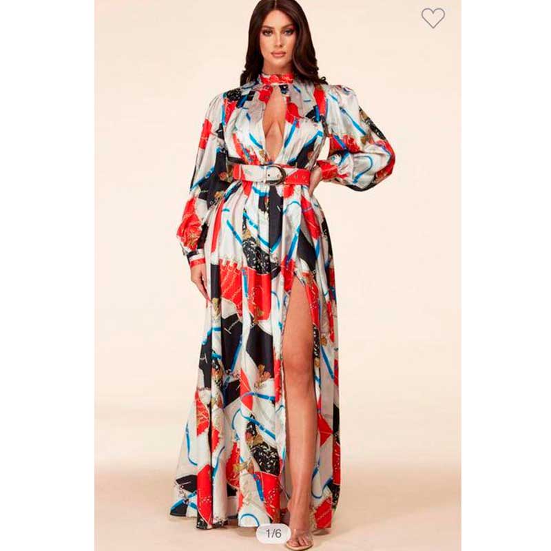 Printed Plated Belt Maxi Dress